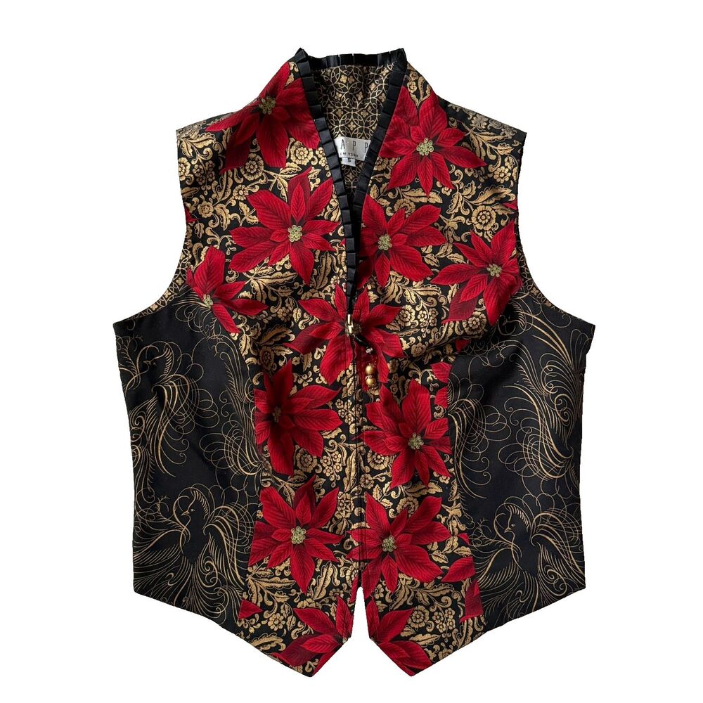 Vintage TAPP NY Poinsettia Vest Sz S Christmas Holiday Tapestry Damask Novelty